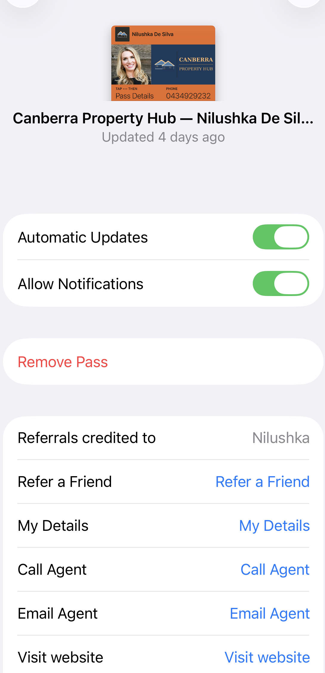Apple Wallet pass actions screen — Call Agent, Email Agent, Refer a Friend, My Details, Visit website
