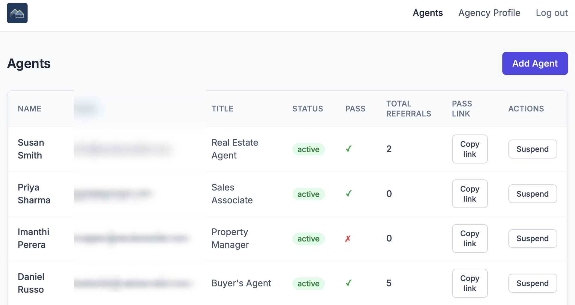 Agency admin portal showing agents list with pass status, total referrals per agent, and suspend controls