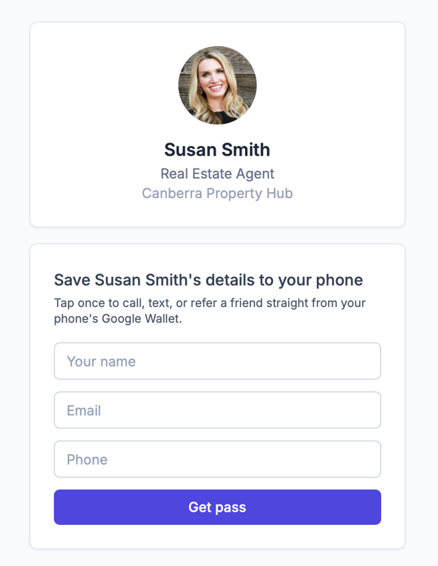Advocate pass landing page — client fills in their details and saves the agent's pass to Google Wallet, triggering the review campaign