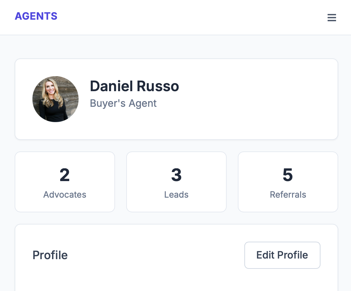 Agent CRM dashboard showing 2 advocates, 3 leads and 5 referrals for Daniel Russo, Buyer's Agent