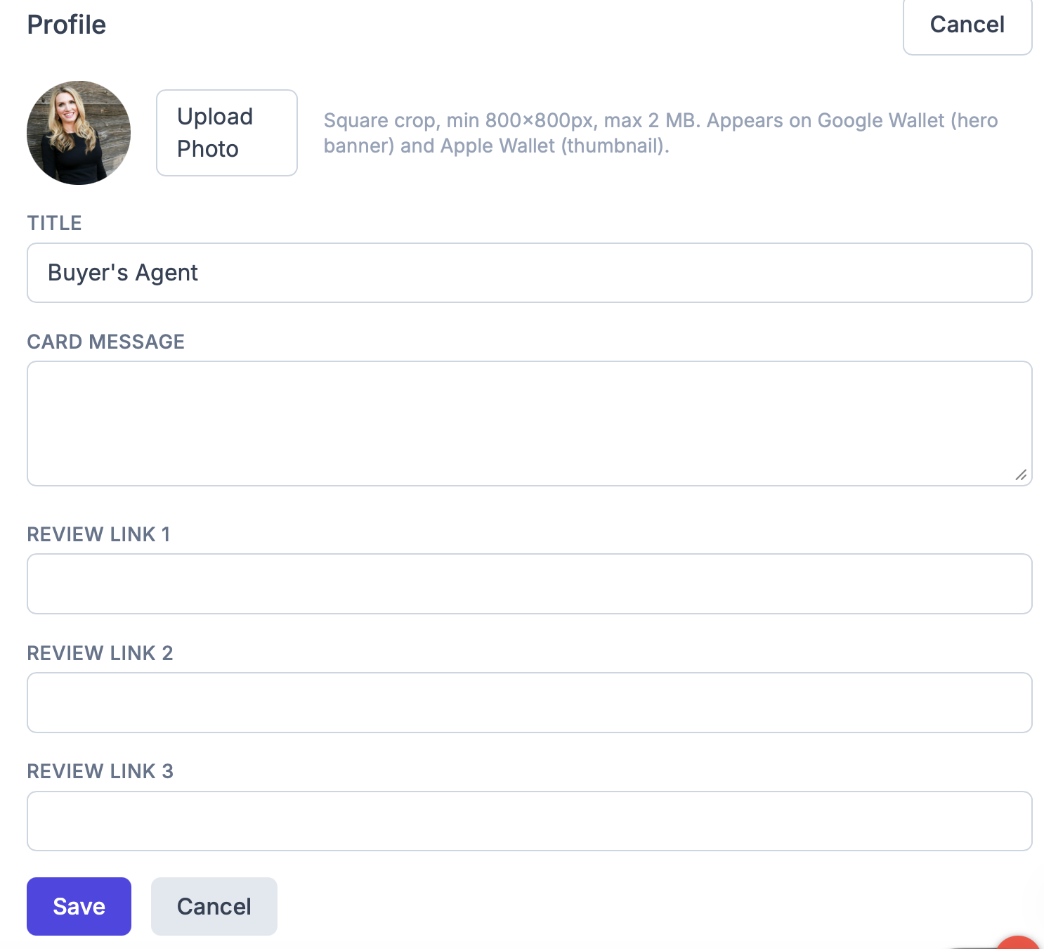 Agent profile editor showing card message field and review links — changes push live to all installed passes instantly
