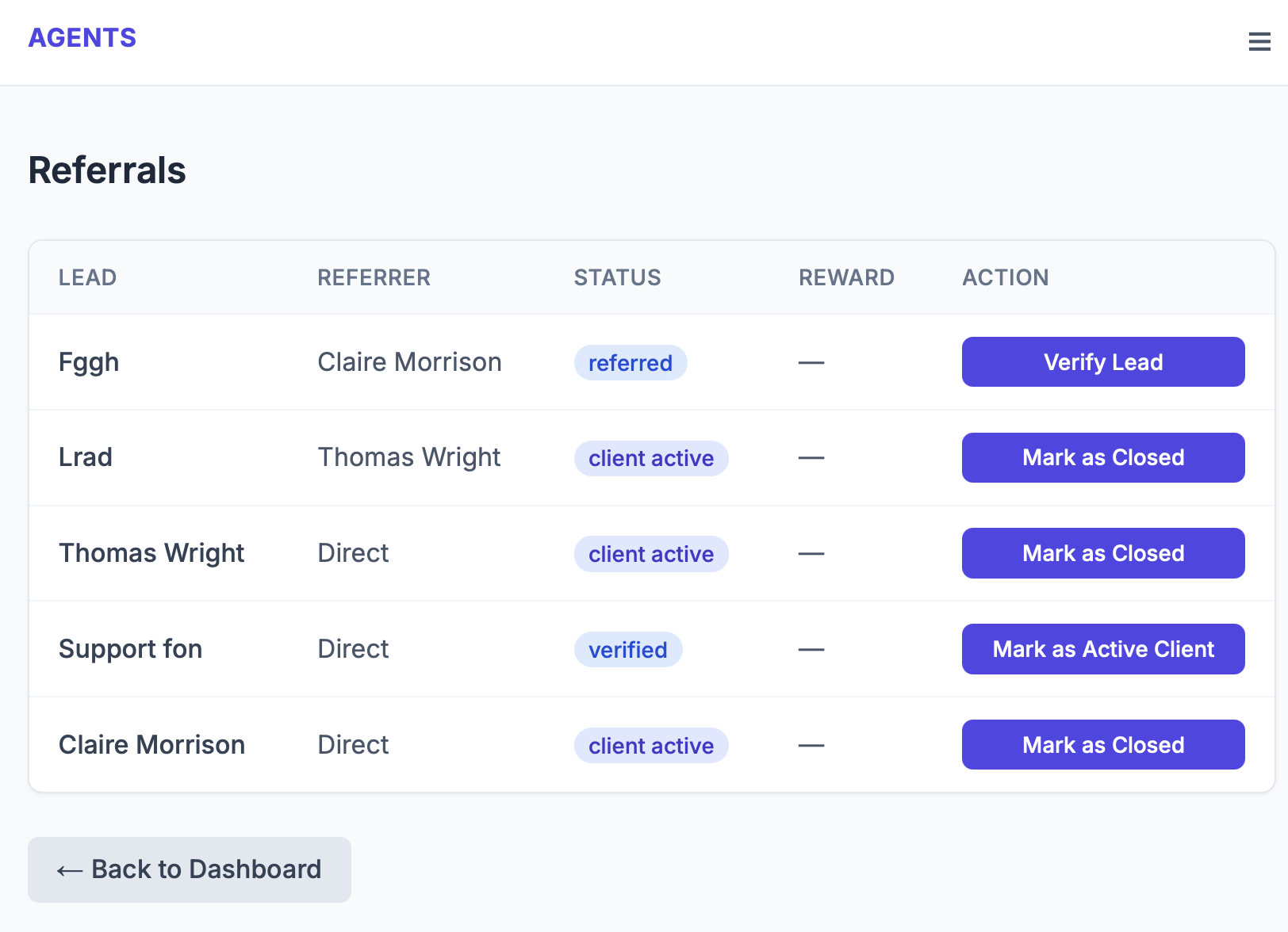 Referrals dashboard showing lead name, referrer name, status and action buttons for each referral